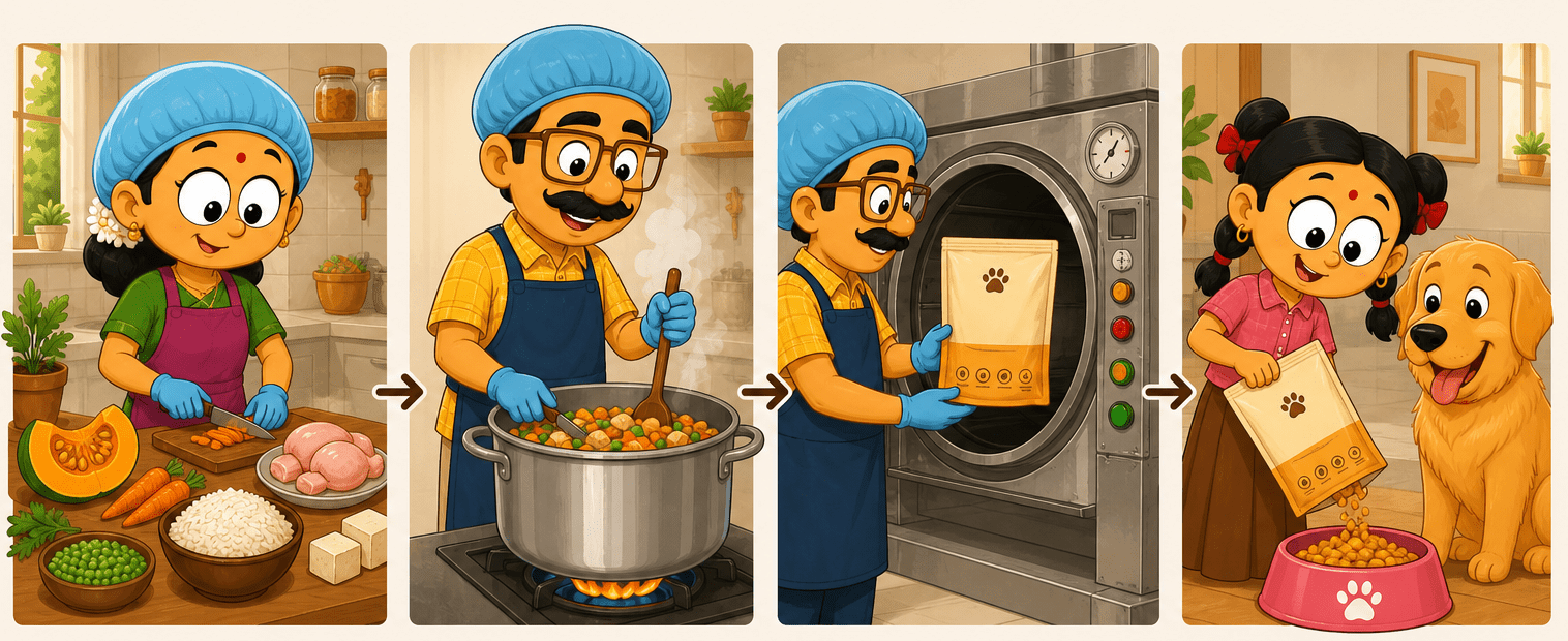Four illustrated stages: preparing fresh ingredients, gently cooking, retort sealing and serving a dog
